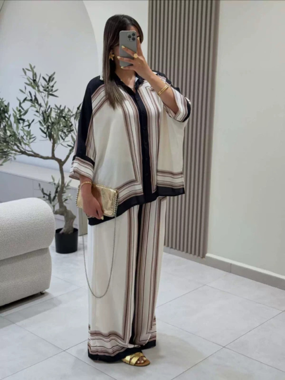 Plus Size Trendy Printed Loose Long Sleeve Shirt and Casual Pants Two Piece Set